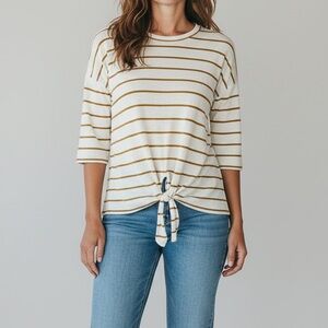 Botanique Women’s White Mustard Stripe Lightweight Knit tie front sweater top XL